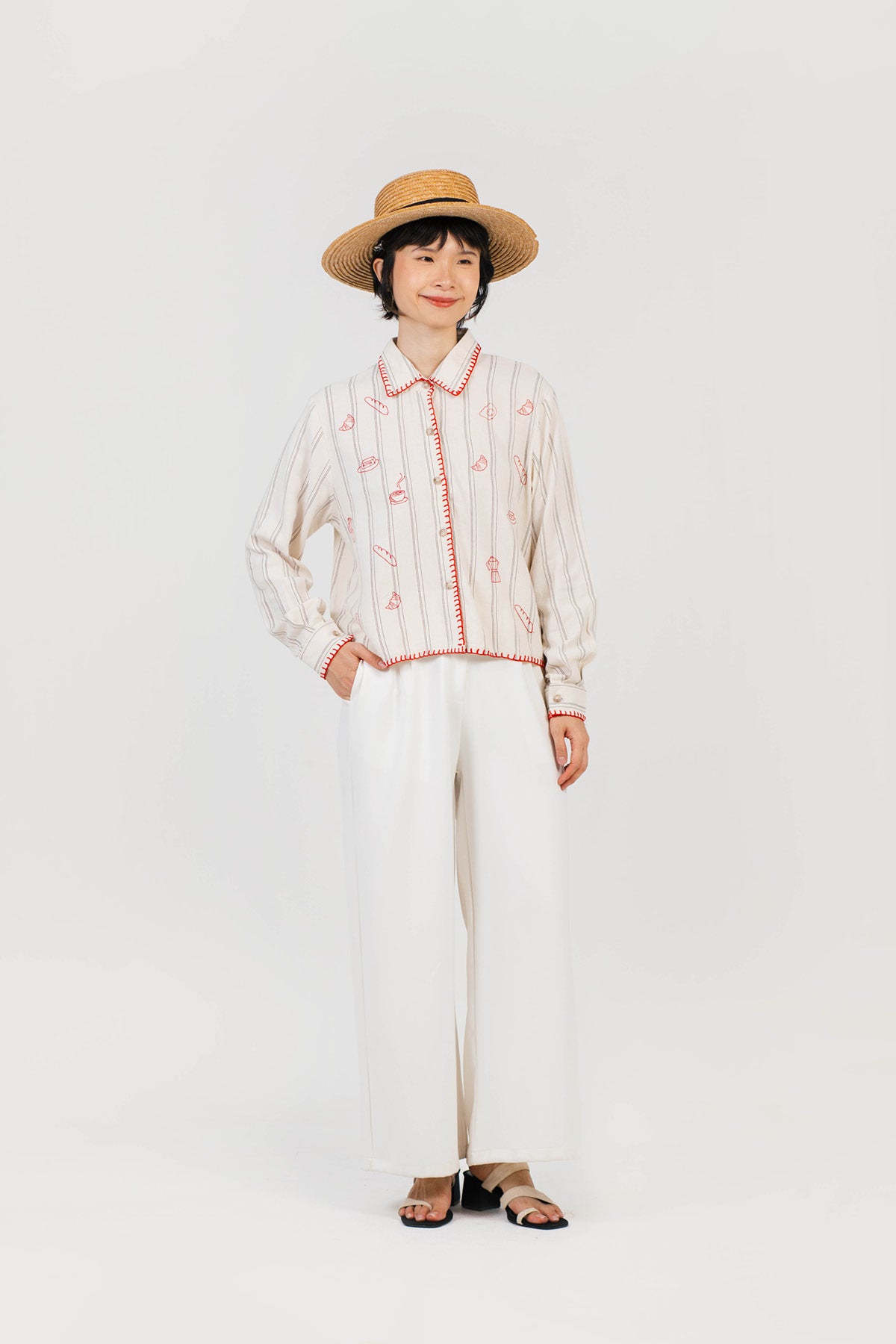 Brunch Embroidered Shirt Beige - Red