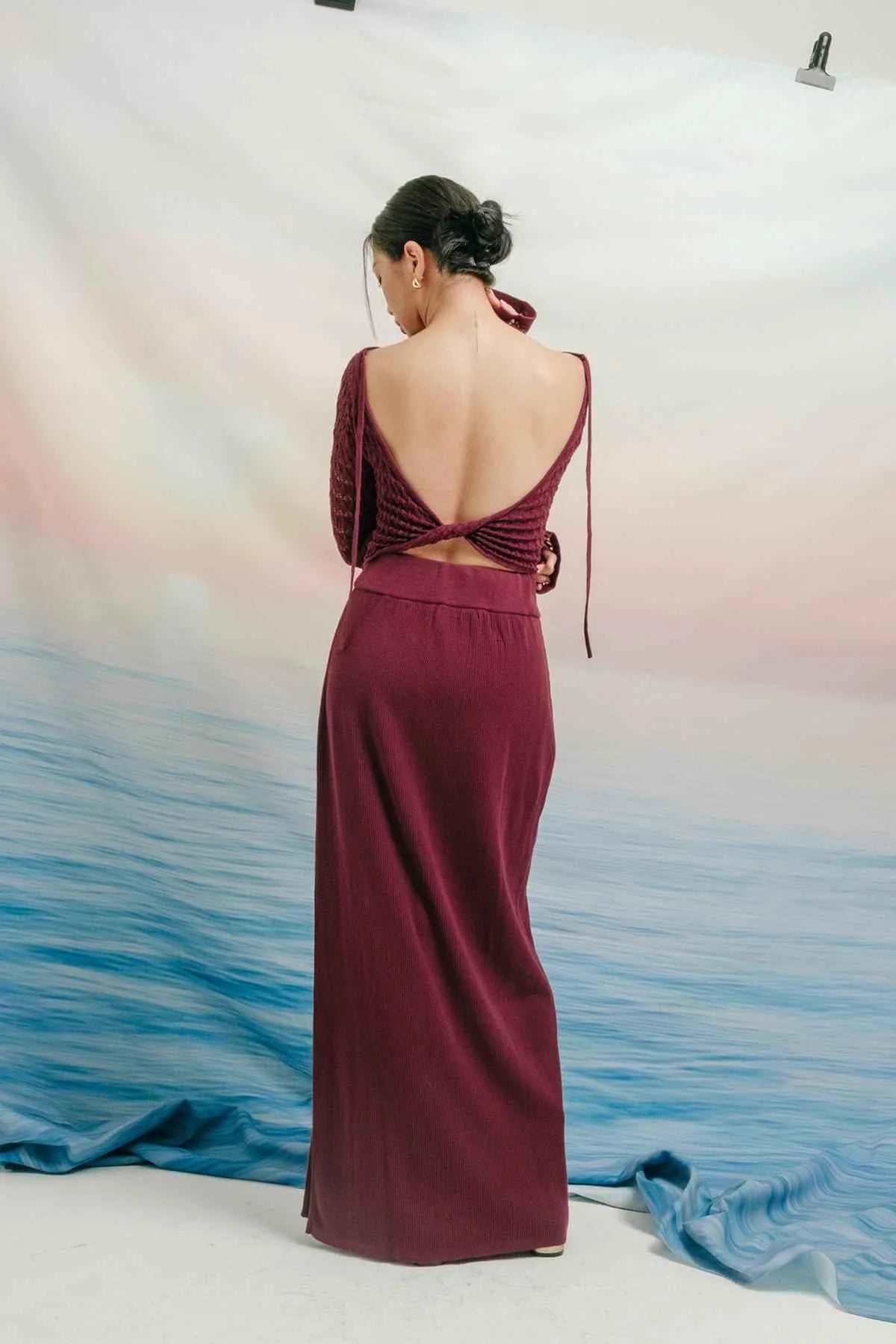 Adele Long Knitted Skirt Maroon