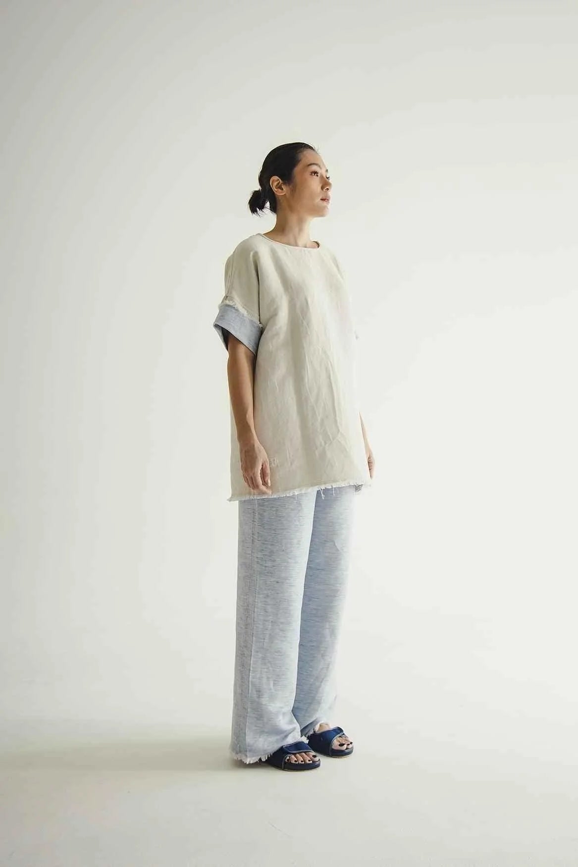 Deux Reversible Pants Blue Ecru