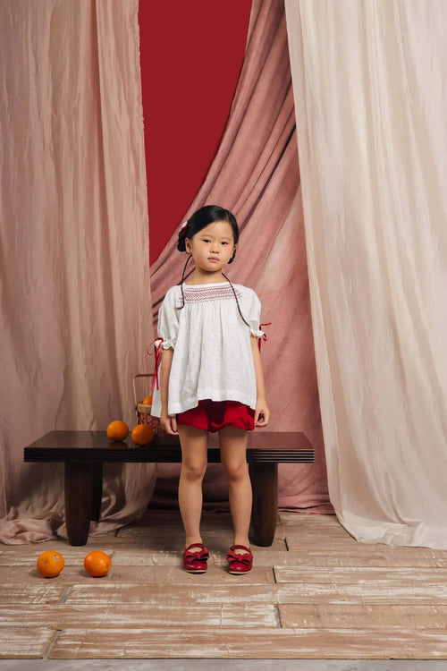 Ella Petite Smocked Top Polka White
