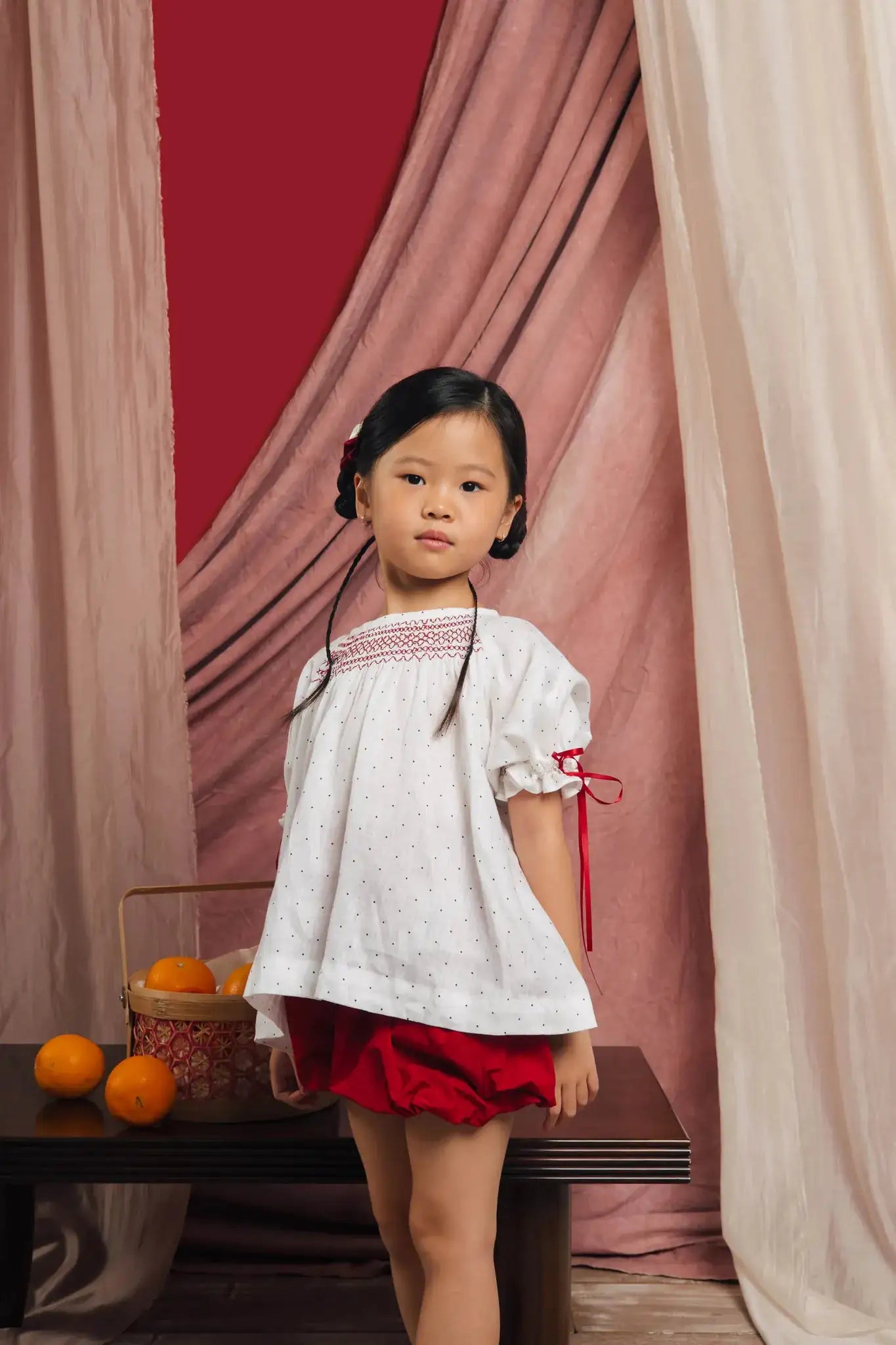 Ella Petite Smocked Top Polka White