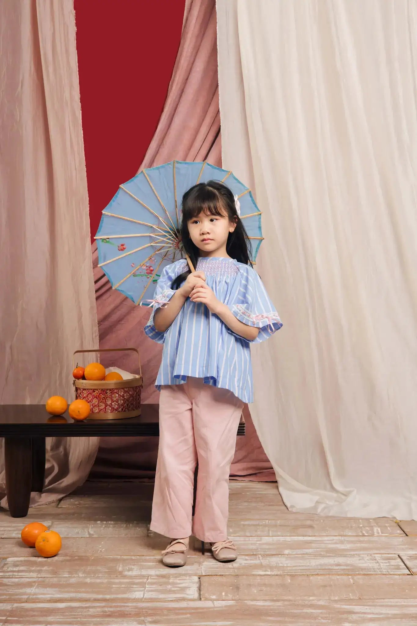 Ella Petite Smocked Top Striped Blue