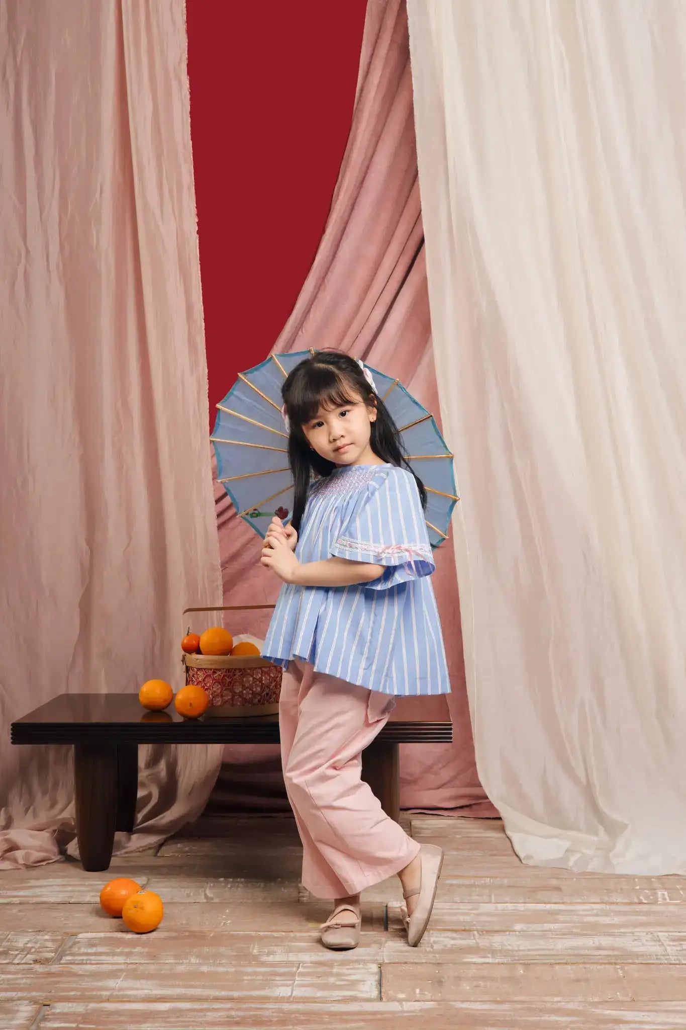 Ella Petite Smocked Top Striped Blue