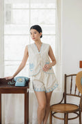 Pica Embroidered Top & Shorts Ecru-Blue