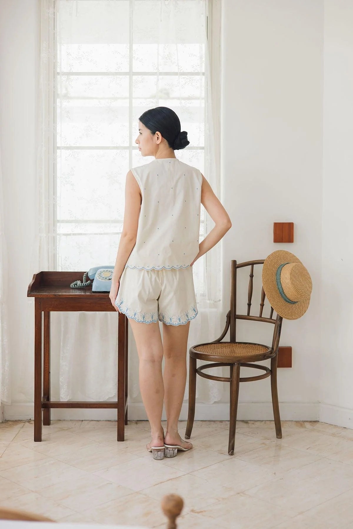 Pica Embroidered Top & Shorts Ecru-Blue