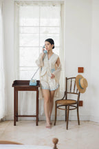 Pica Embroidered Top & Shorts Ecru-Blue