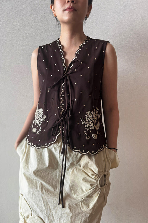 Pica Embroidered Top Brown Ecru