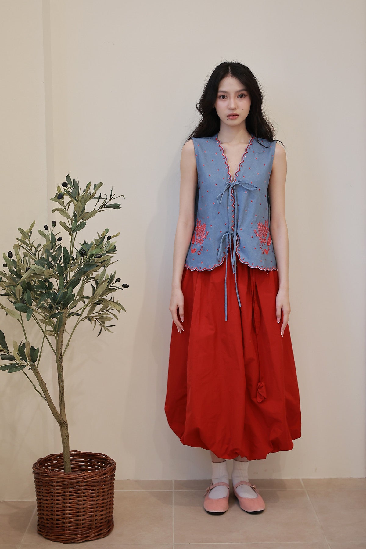 Pica Embroidered Top Light Denim - Red