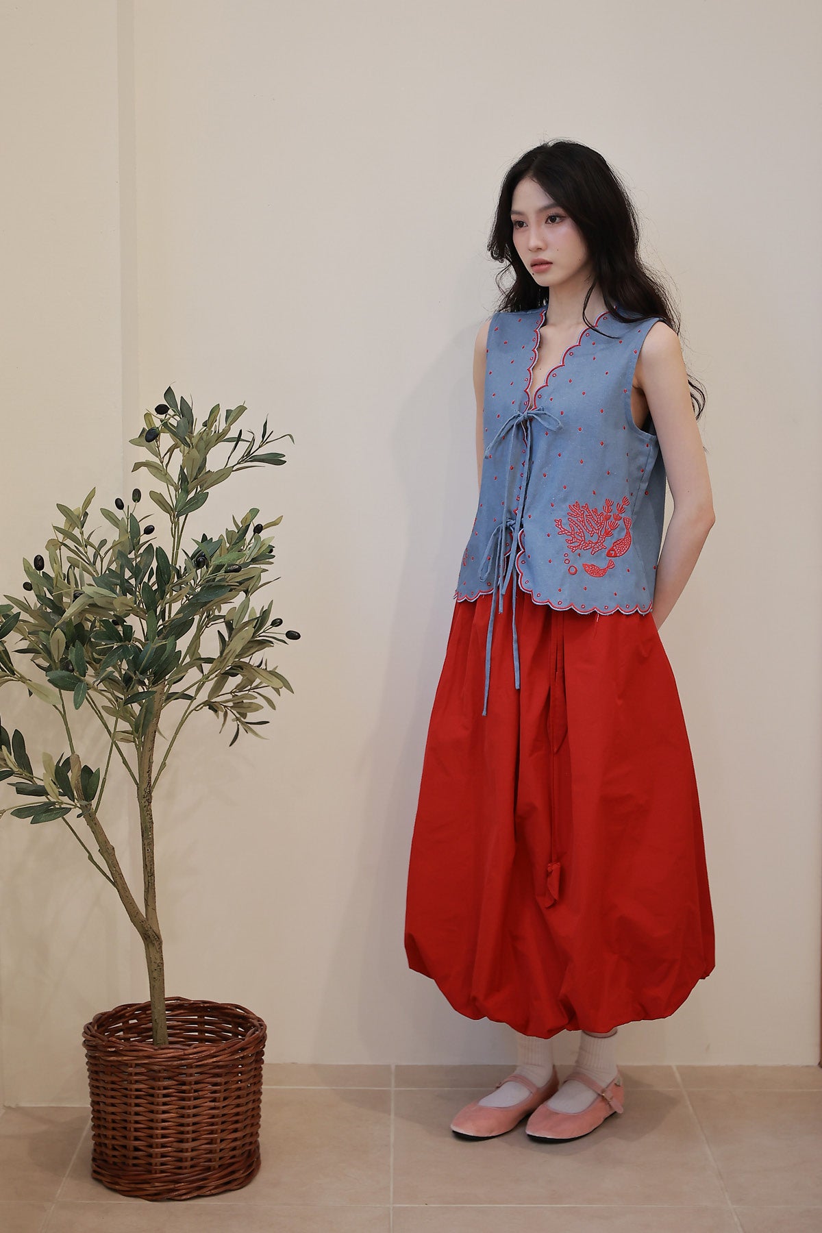 Pica Embroidered Top Light Denim - Red