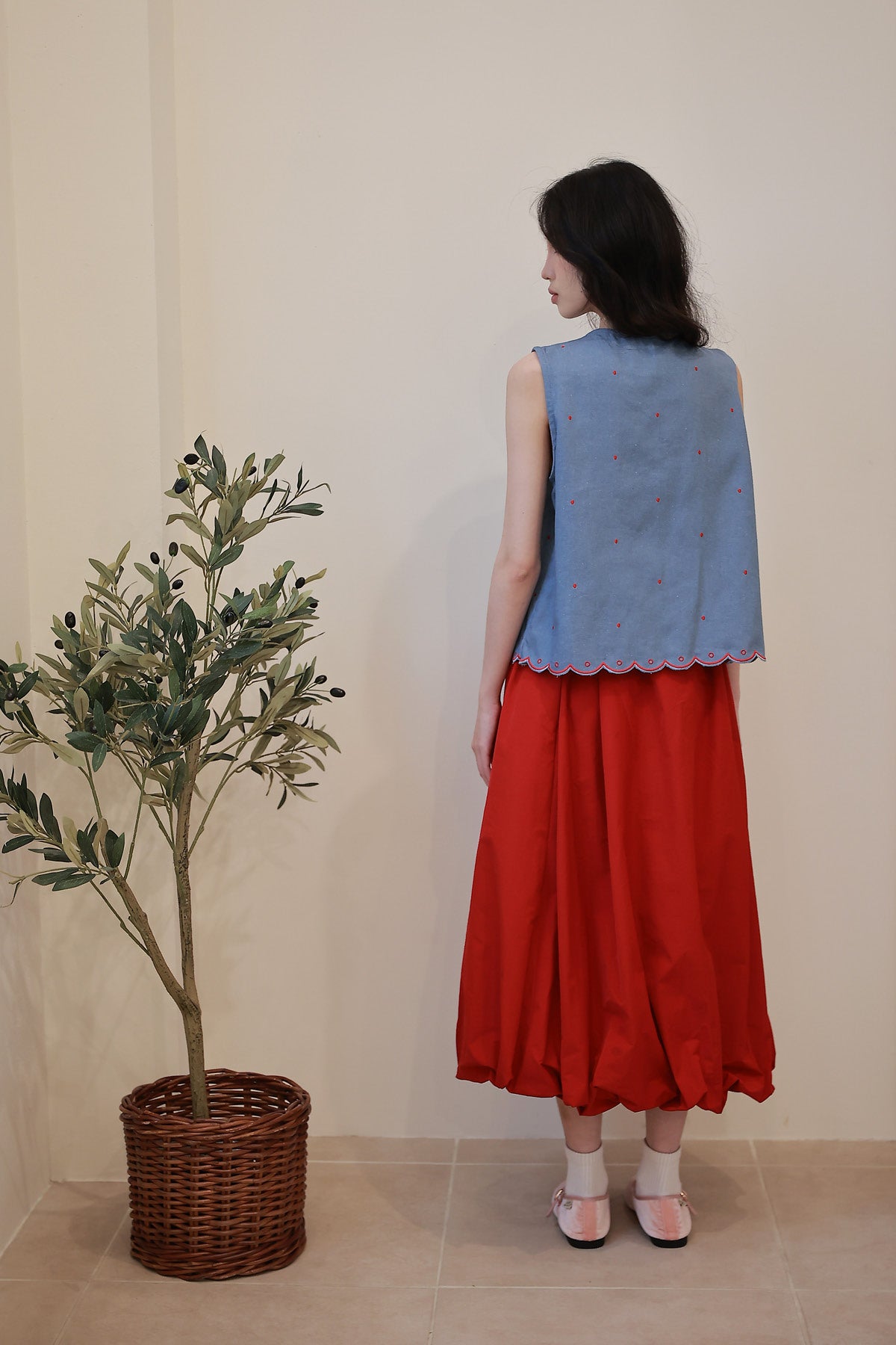 Pica Embroidered Top Light Denim - Red