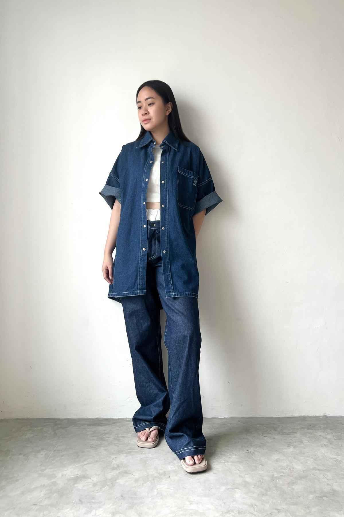 Blanche Denim Shirt Dark Ash Blue II - EESOME
