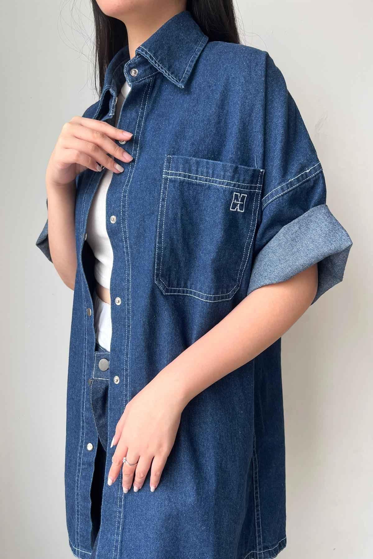 Blanche Denim Shirt Dark Ash Blue II - EESOME