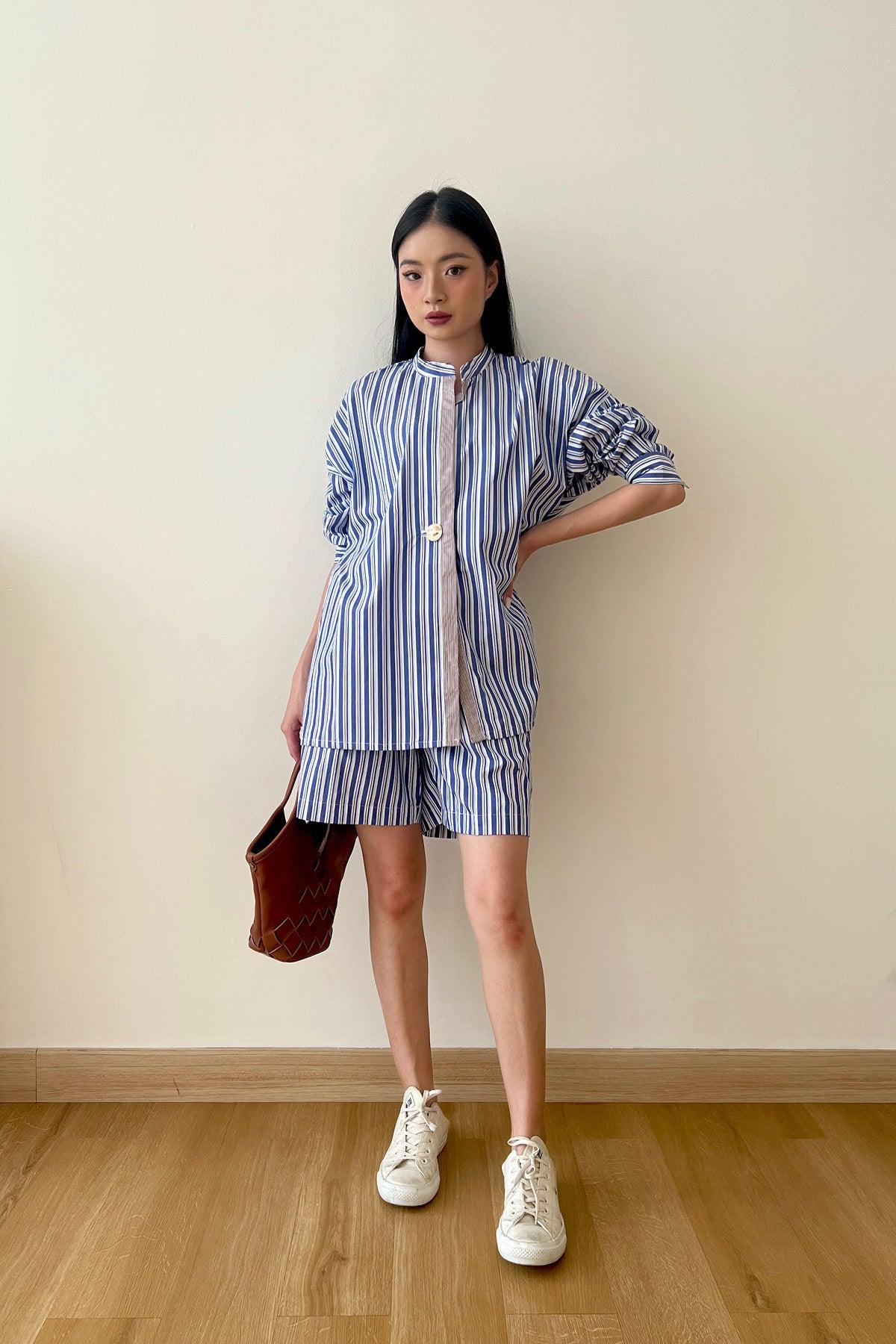 Halle Shirt & Shorts Blue Brown Stripes - EESOME