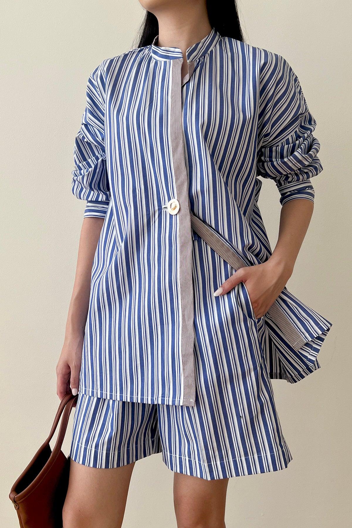 Halle Shirt & Shorts Blue Brown Stripes - EESOME