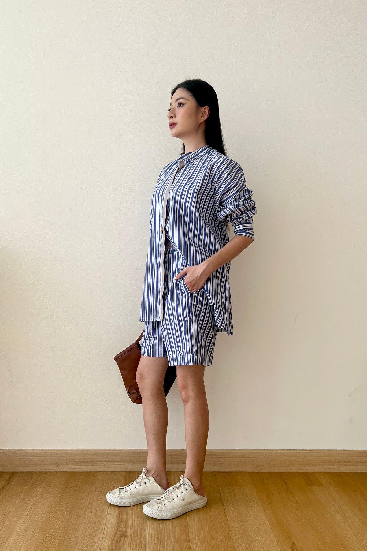 Halle Shirt & Shorts Blue Brown Stripes - EESOME