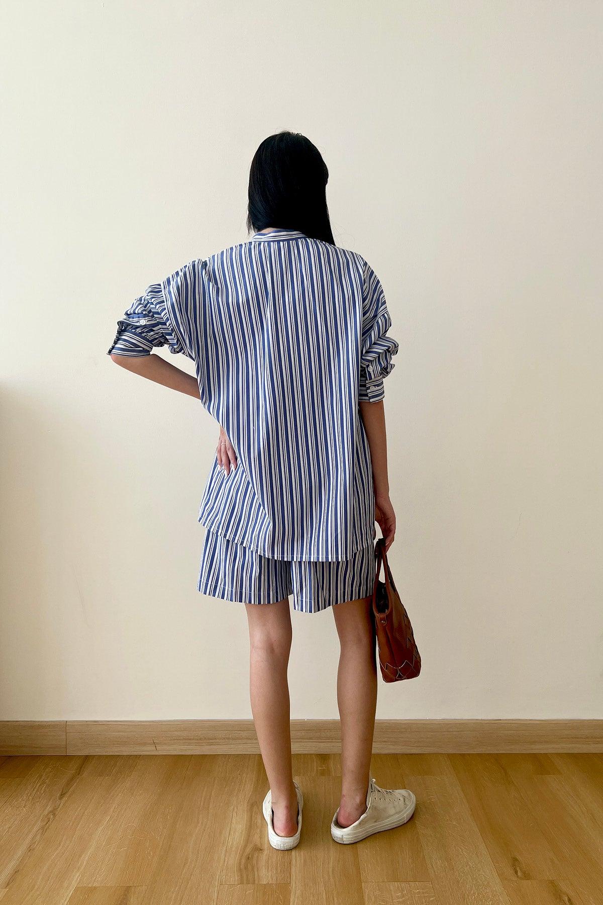 Halle Shirt & Shorts Blue Brown Stripes - EESOME