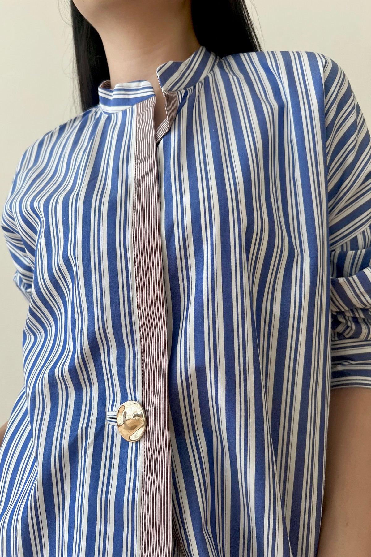 Halle Shirt & Shorts Blue Brown Stripes - EESOME