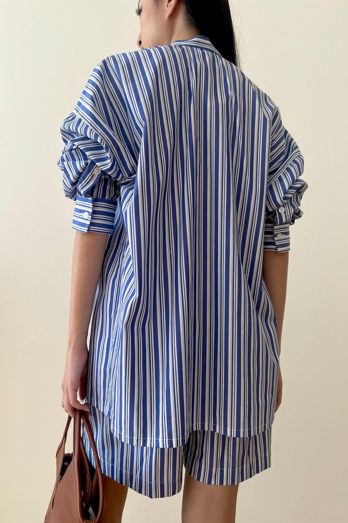 Halle Shirt & Shorts Blue Brown Stripes - EESOME