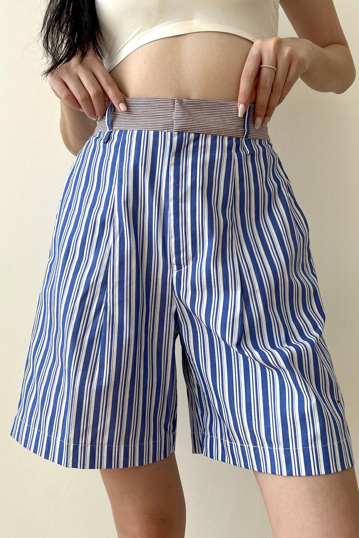 Halle Shirt & Shorts Blue Brown Stripes - EESOME