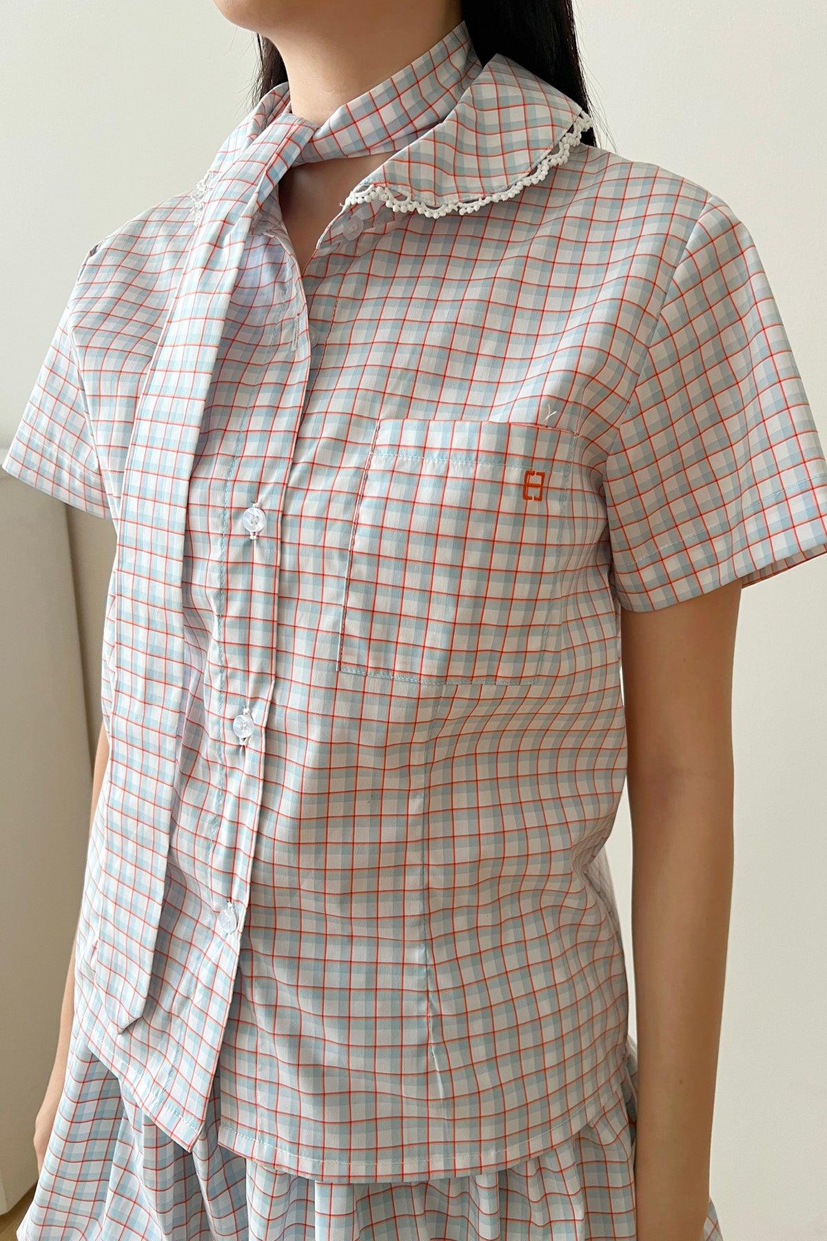 Lara Top Blue Orange Plaid - EESOME