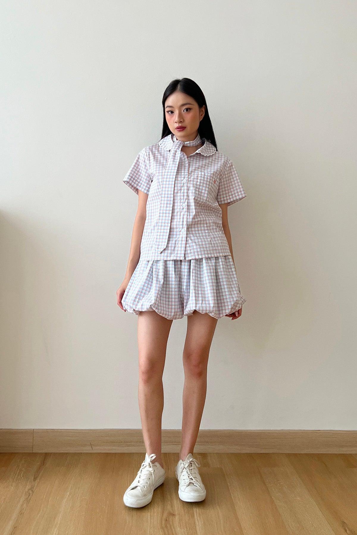 Lara Top Blue Orange Plaid - EESOME