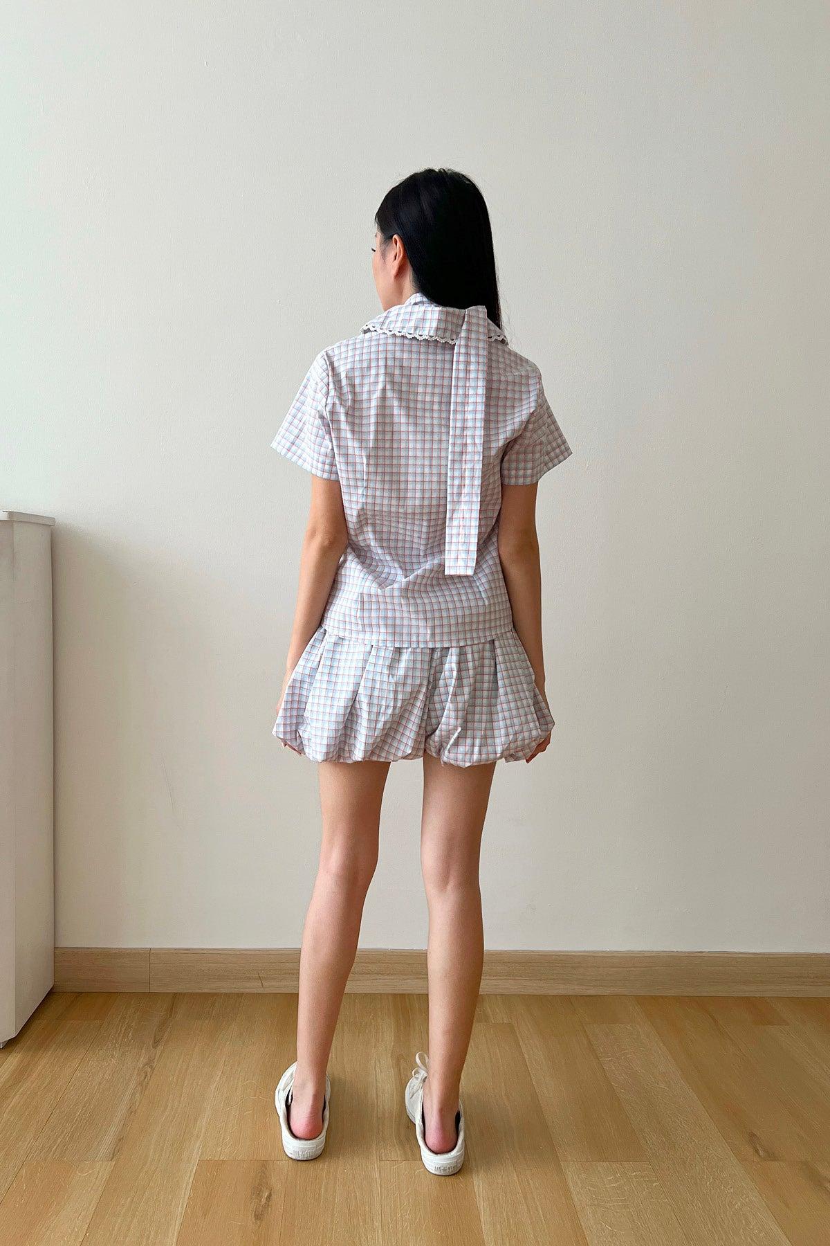Lara Top Blue Orange Plaid - EESOME
