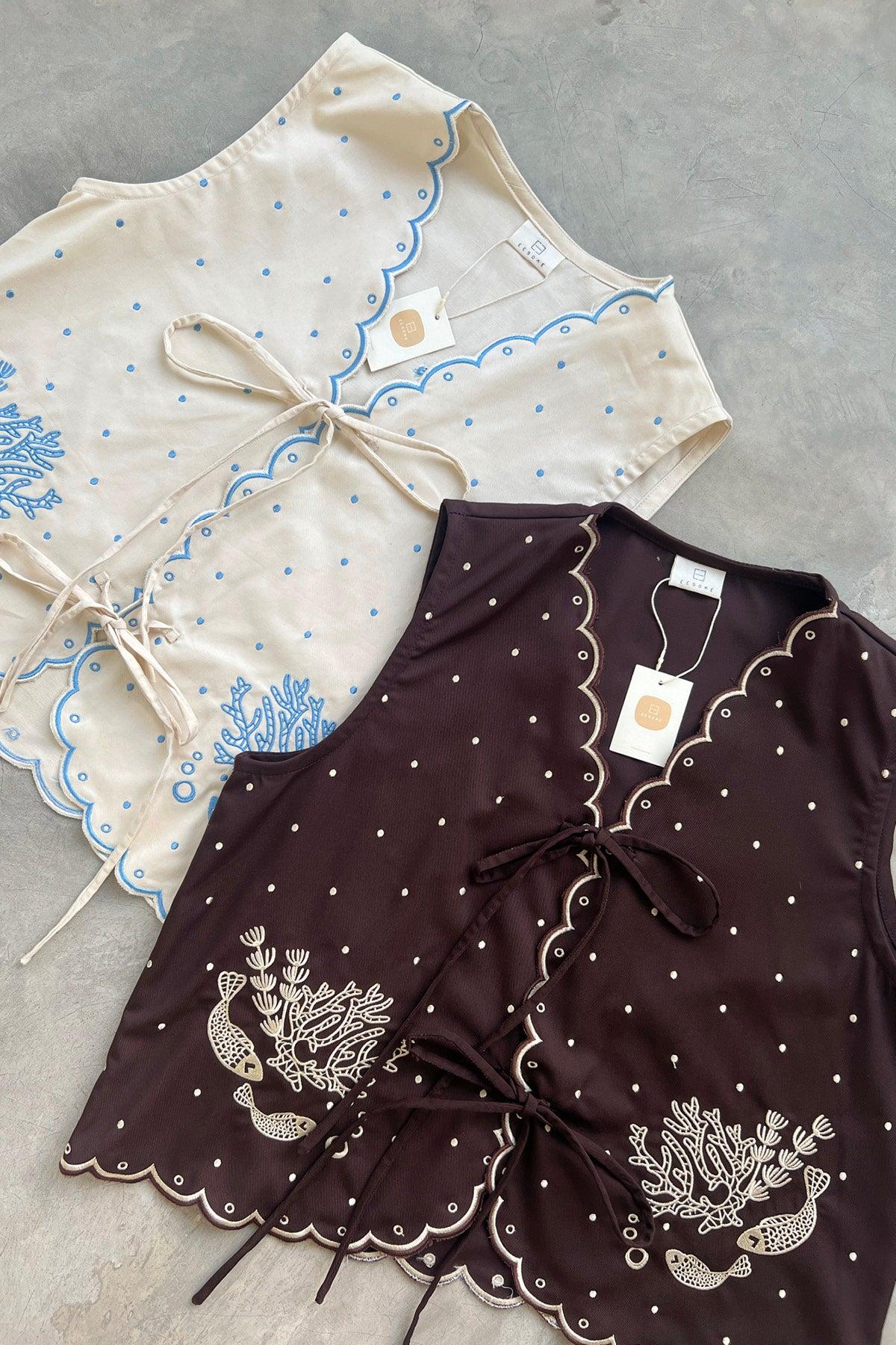 Pica Embroidered Top Brown Ecru - EESOME