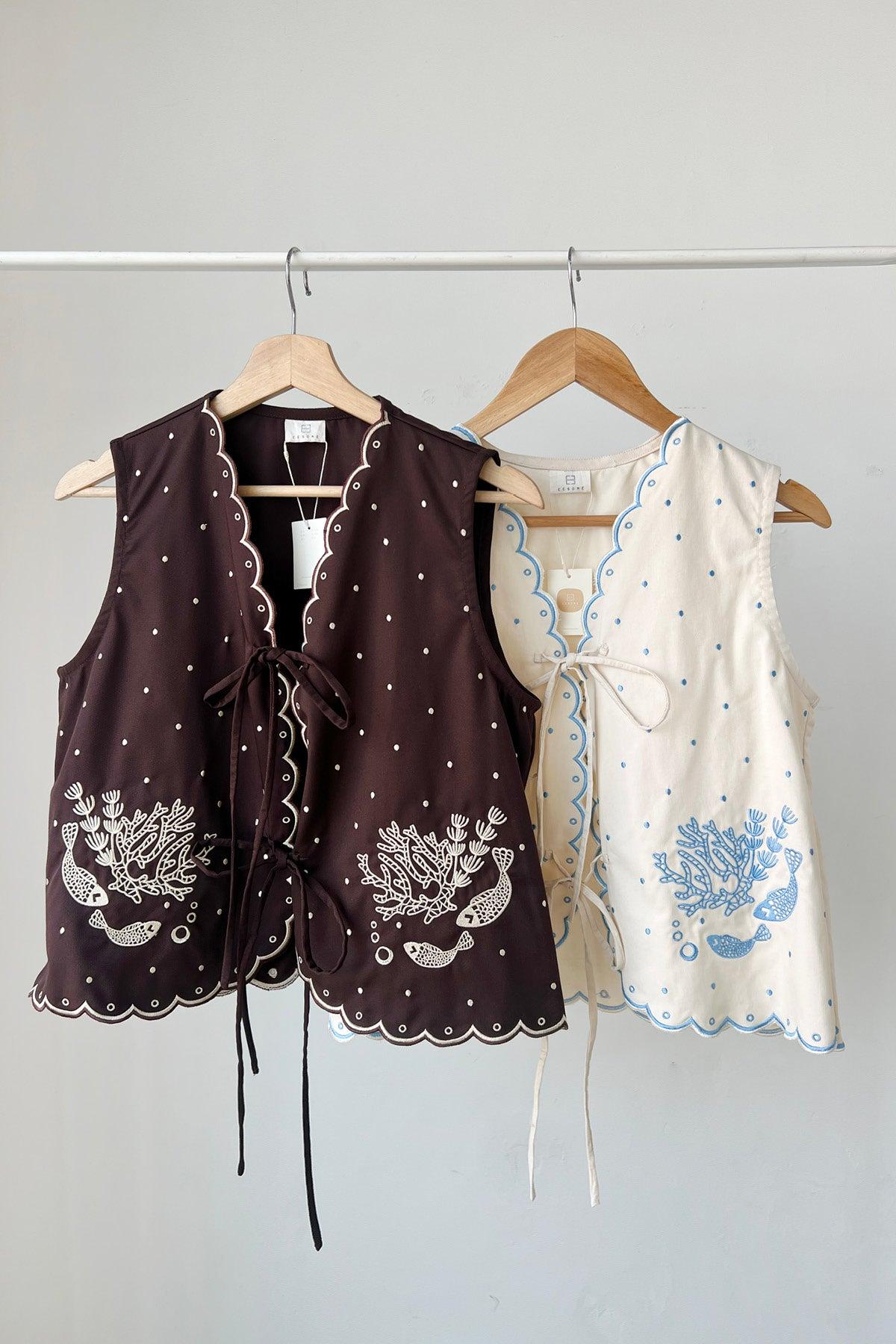 Pica Embroidered Top Brown Ecru - EESOME