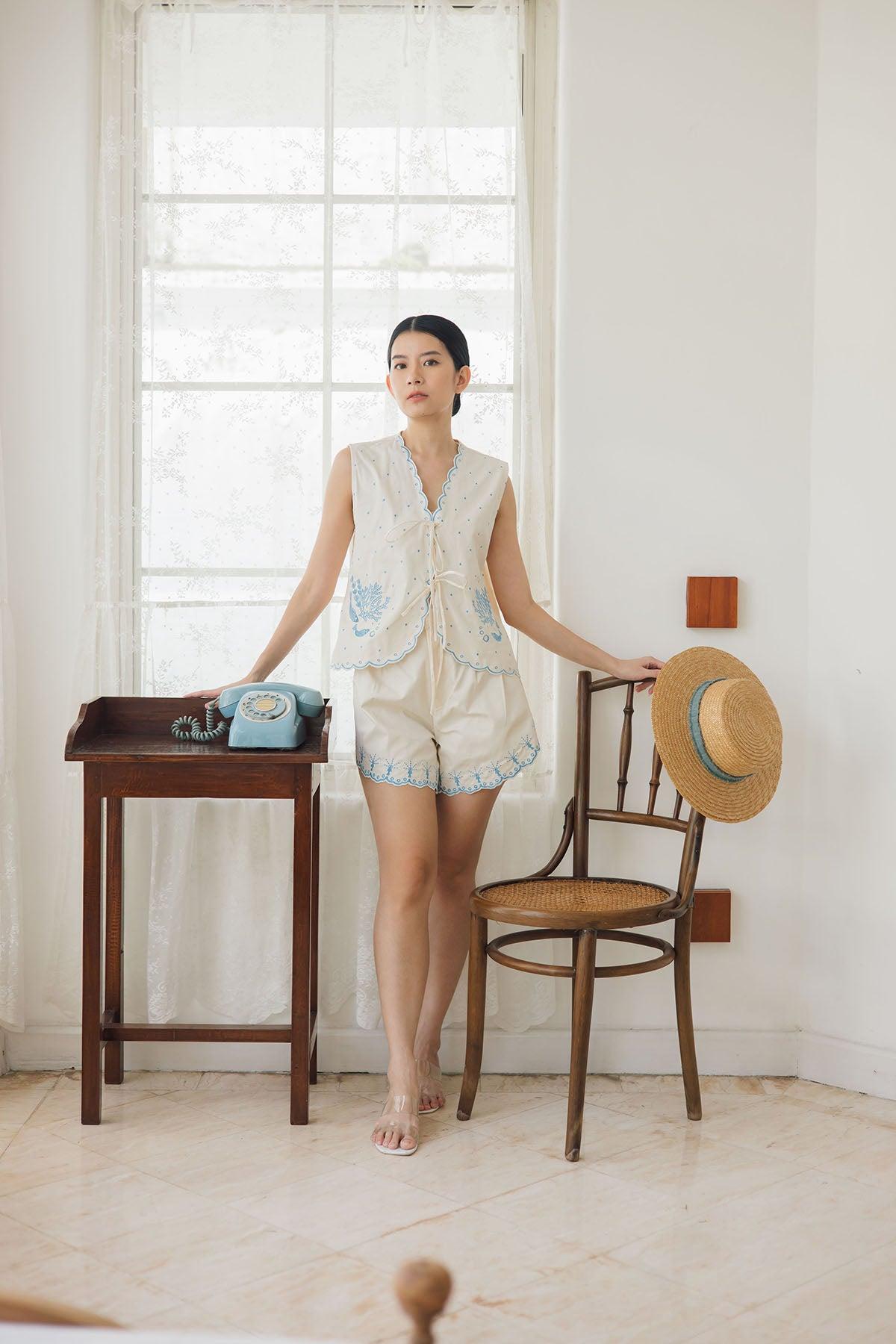Pica Embroidered Top & Shorts Ecru-Blue - EESOME