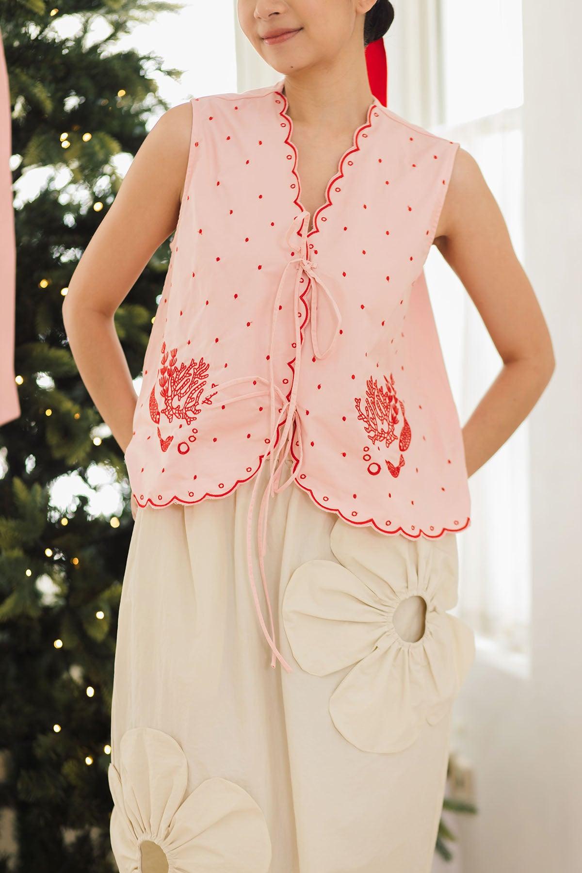 Pica Embroidered Top &amp; Shorts Pink-Red - EESOME