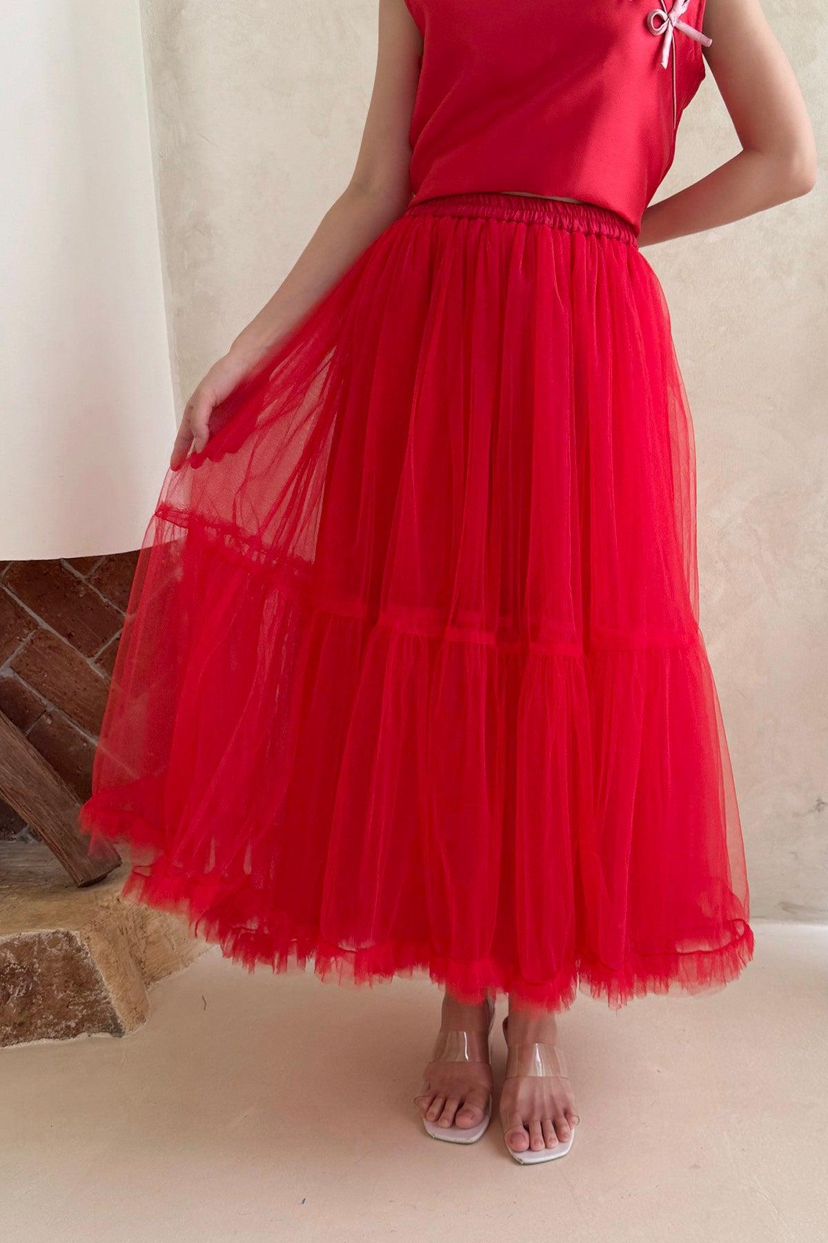 Yuan Tulle Skirt Red - EESOME