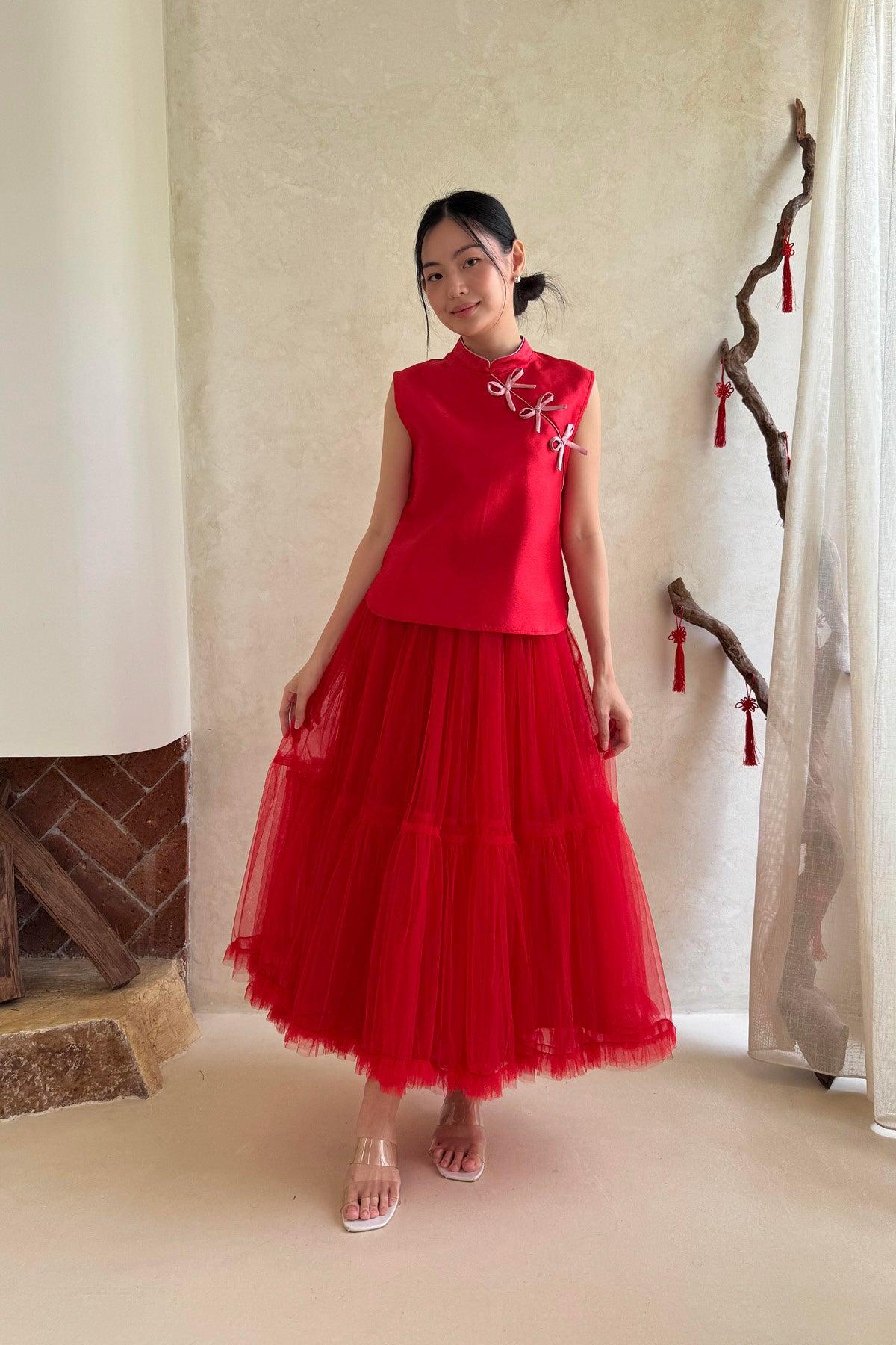 Yuan Tulle Skirt Red - EESOME