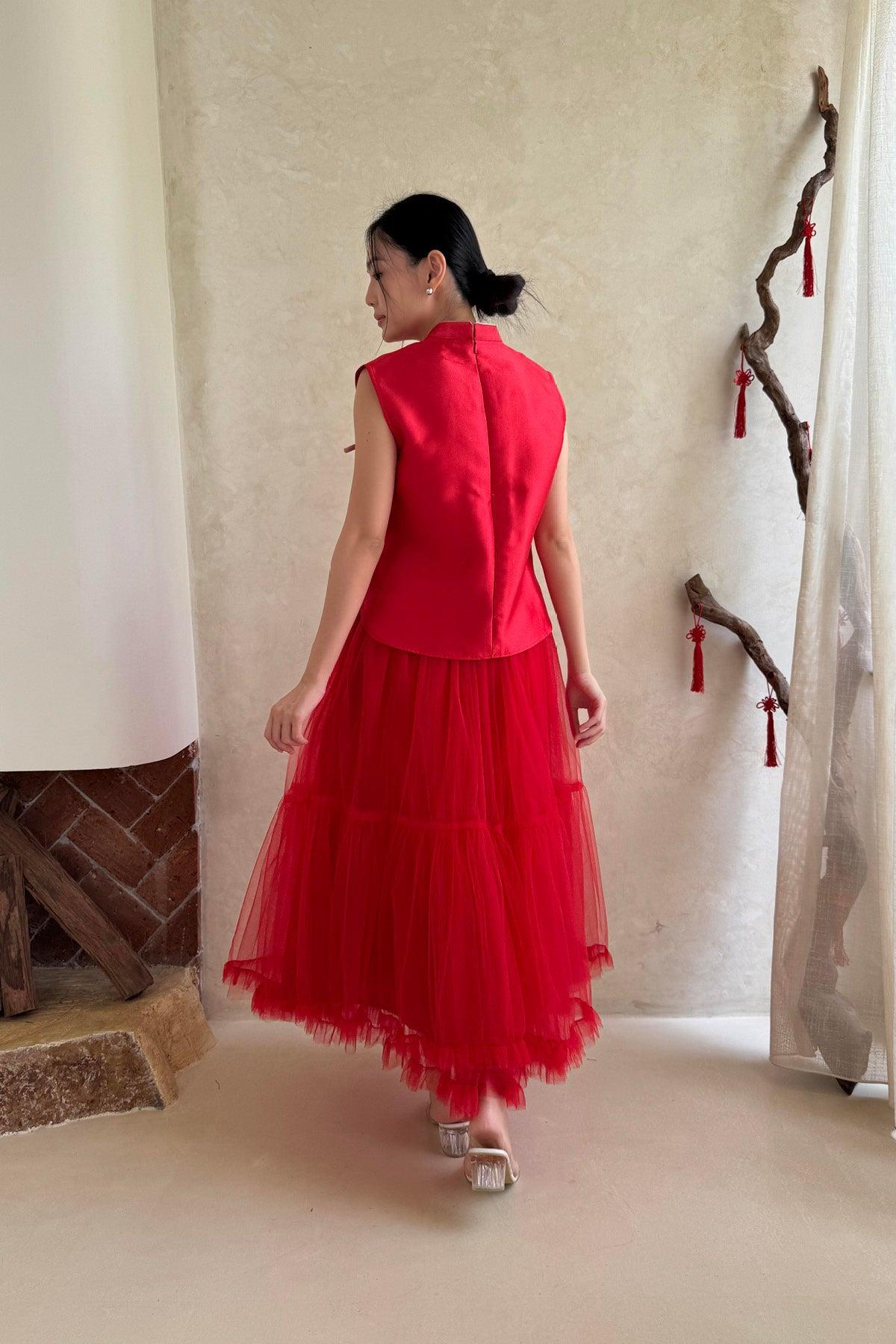 Yuan Tulle Skirt Red - EESOME